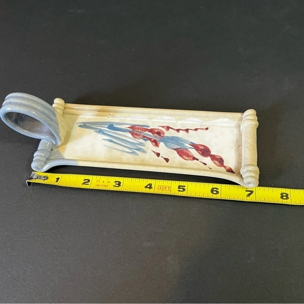 Art Pottery Butter Stick Dish Tray Handled Glazed Rolled Loop Incense Pottery